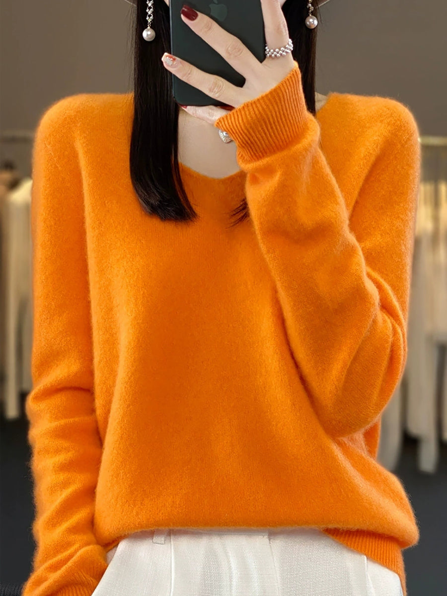 Women Autumn Casual Pure Color V-Neck Wool Sweater
