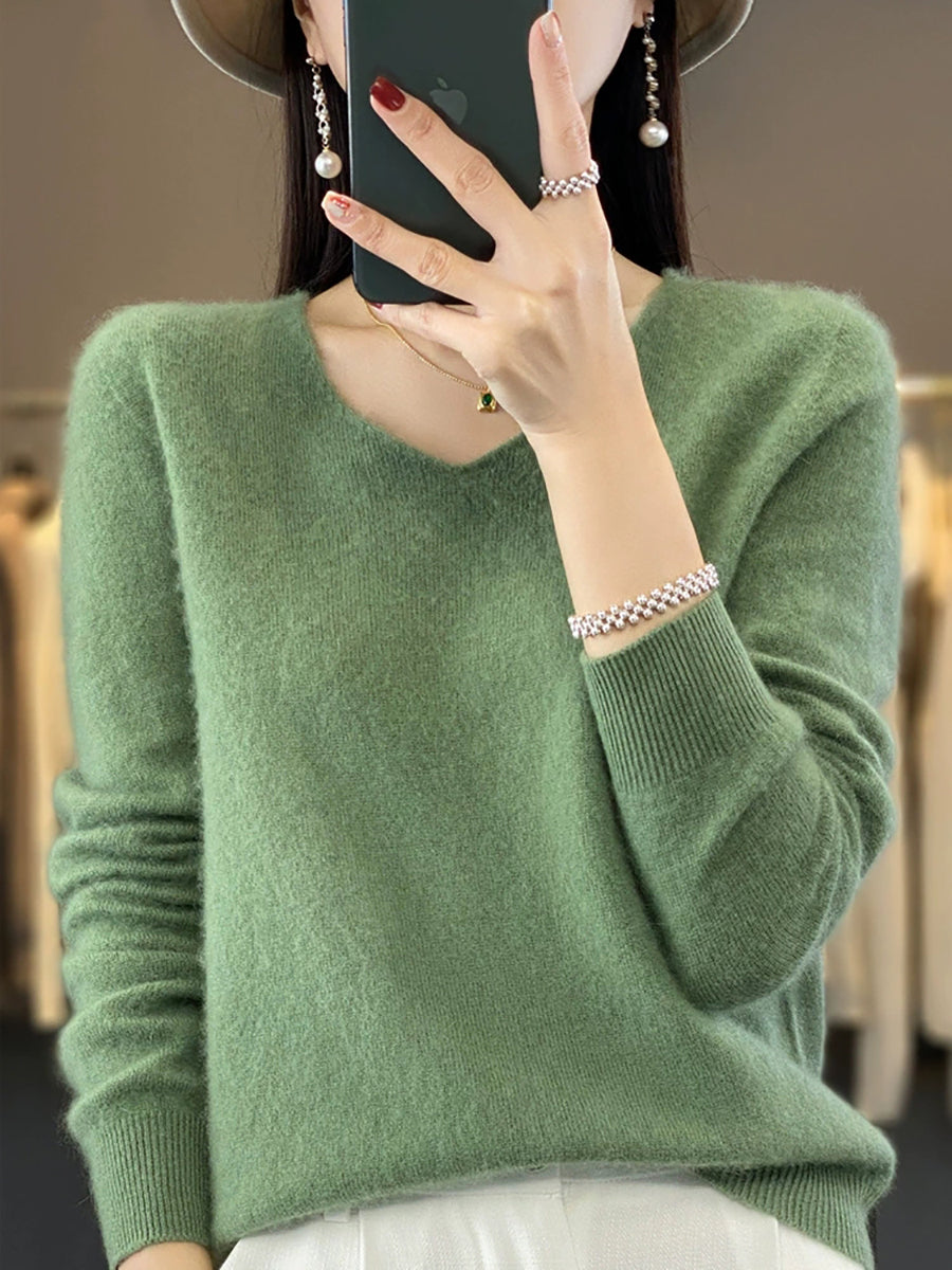 Women Autumn Casual Pure Color V-Neck Wool Sweater