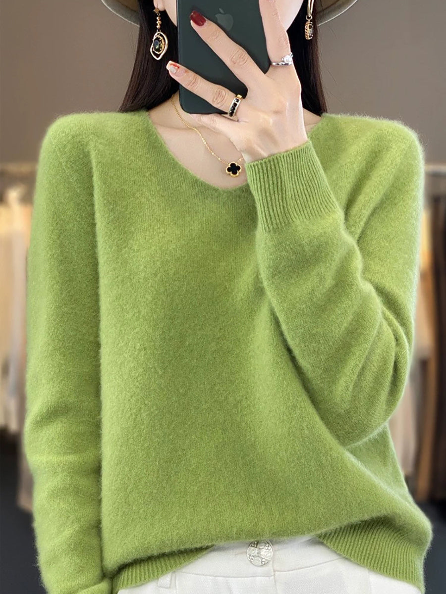 Women Autumn Casual Pure Color V-Neck Wool Sweater