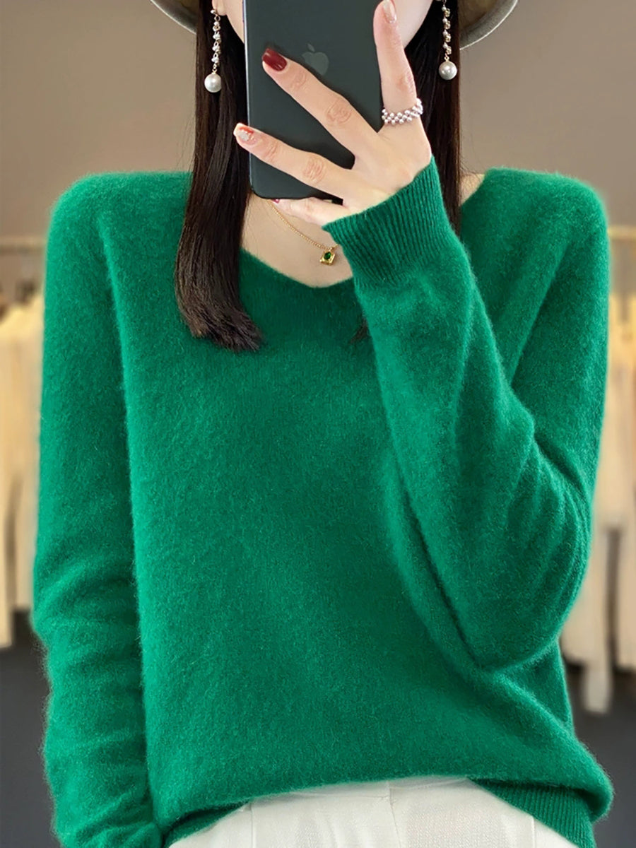 Women Autumn Casual Pure Color V-Neck Wool Sweater