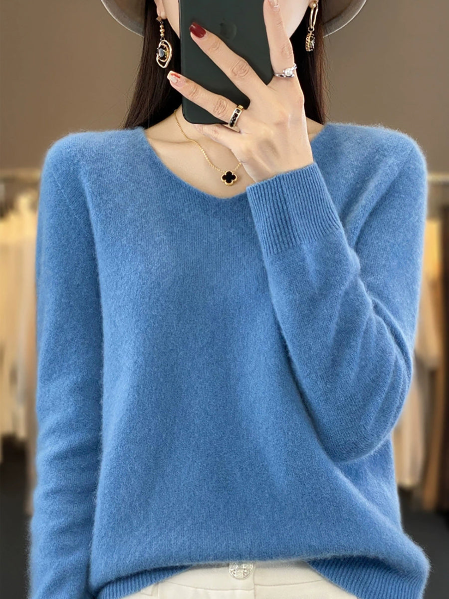 Women Autumn Casual Pure Color V-Neck Wool Sweater