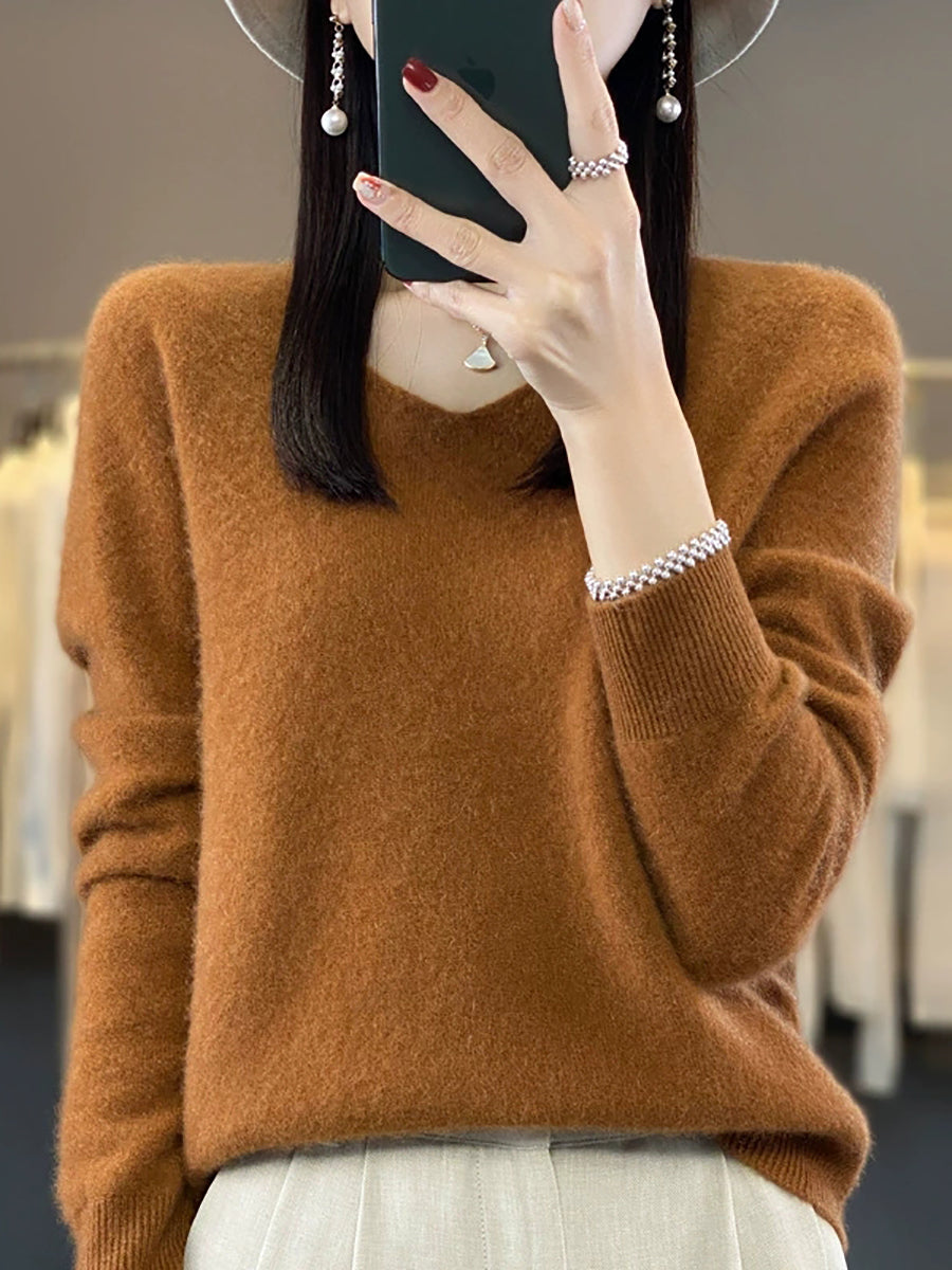 Women Autumn Casual Pure Color V-Neck Wool Sweater