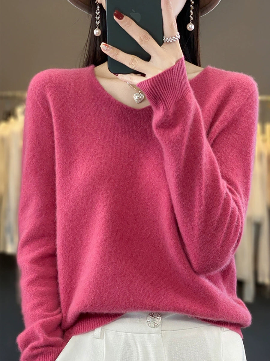 Women Autumn Casual Pure Color V-Neck Wool Sweater