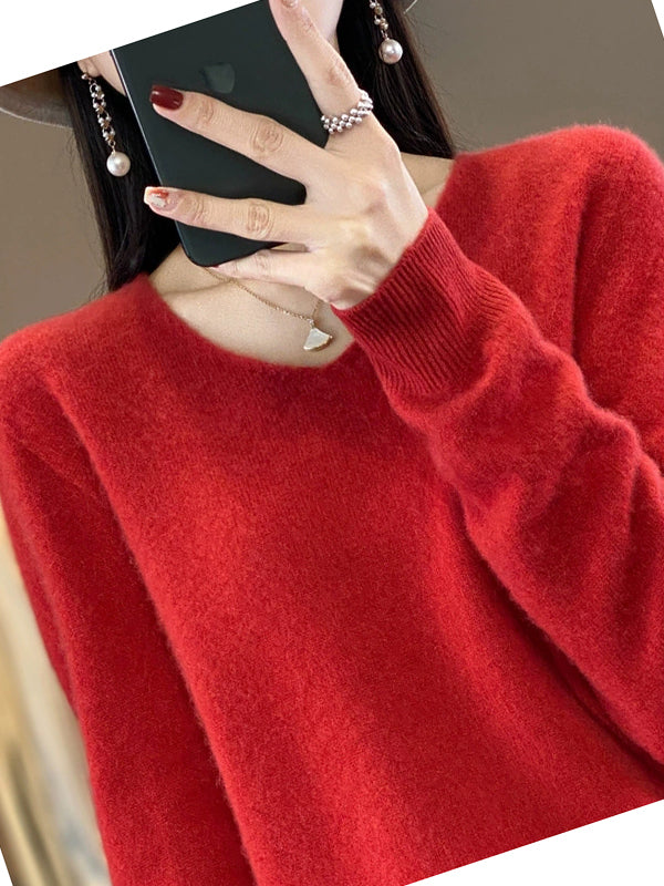 Women Autumn Casual Pure Color V-Neck Wool Sweater