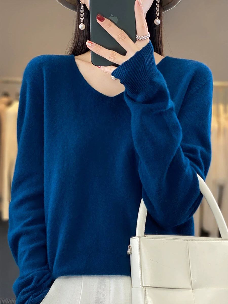 Women Autumn Casual Pure Color V-Neck Wool Sweater