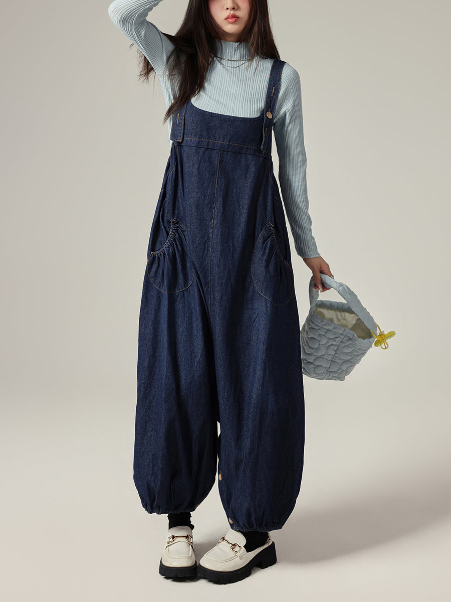 Women Autumn Casual Pure Color Denim Wide-leg Jumpsuits