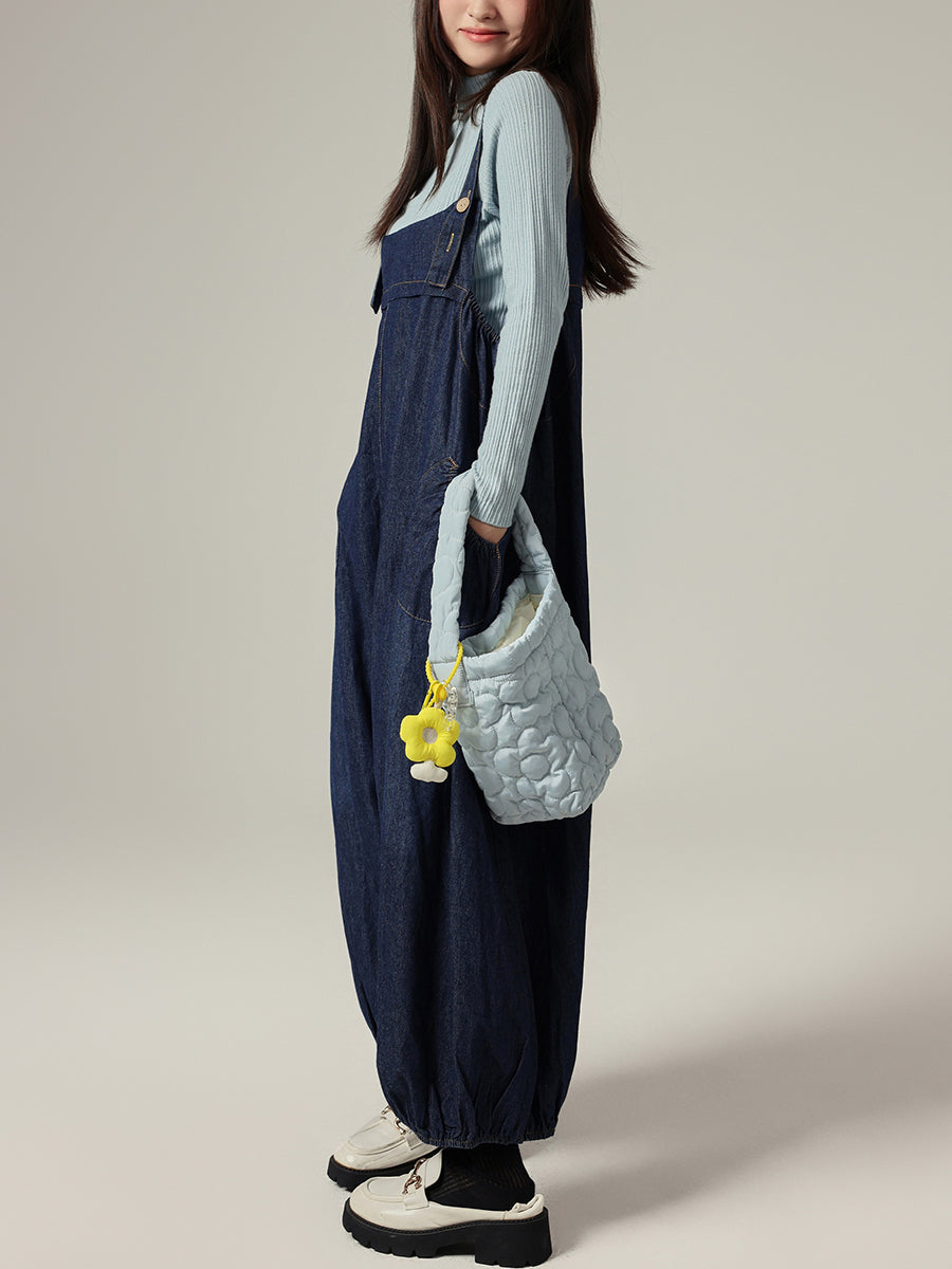 Women Autumn Casual Pure Color Denim Wide-leg Jumpsuits