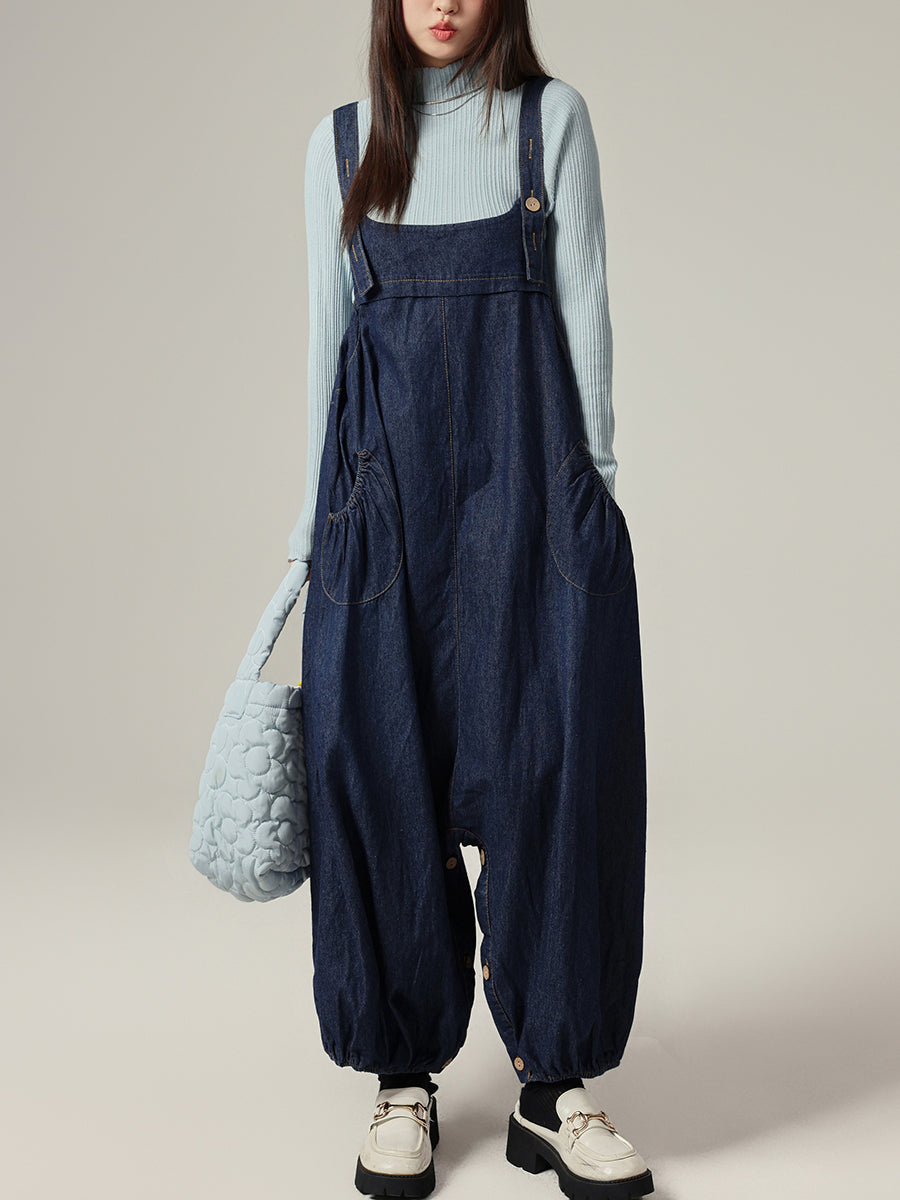 Women Autumn Casual Pure Color Denim Wide-leg Jumpsuits