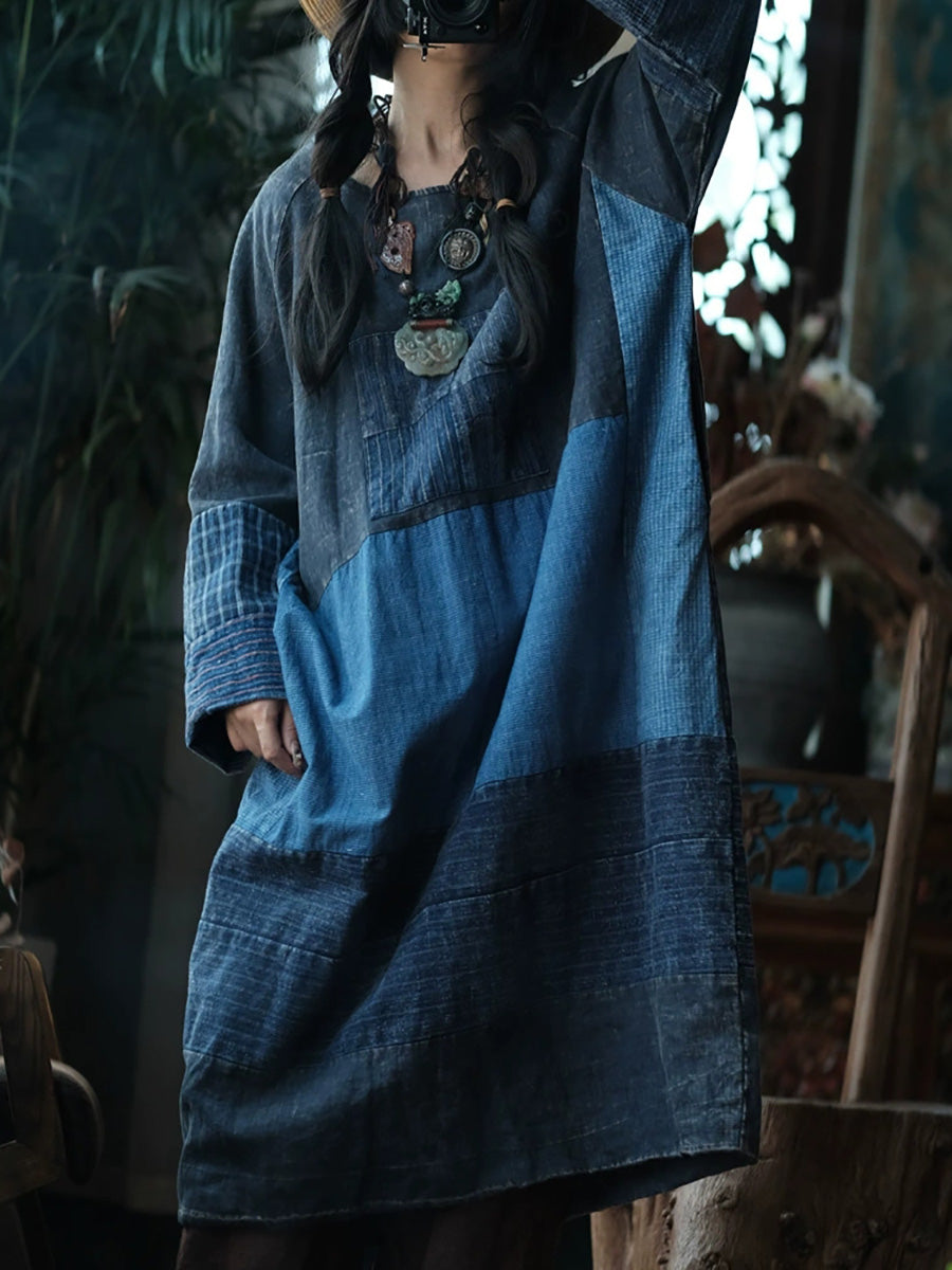 Women Autumn Retro Patchwork O-Neck Cotton Dress