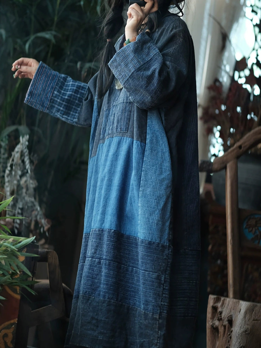 Women Autumn Retro Patchwork O-Neck Cotton Dress