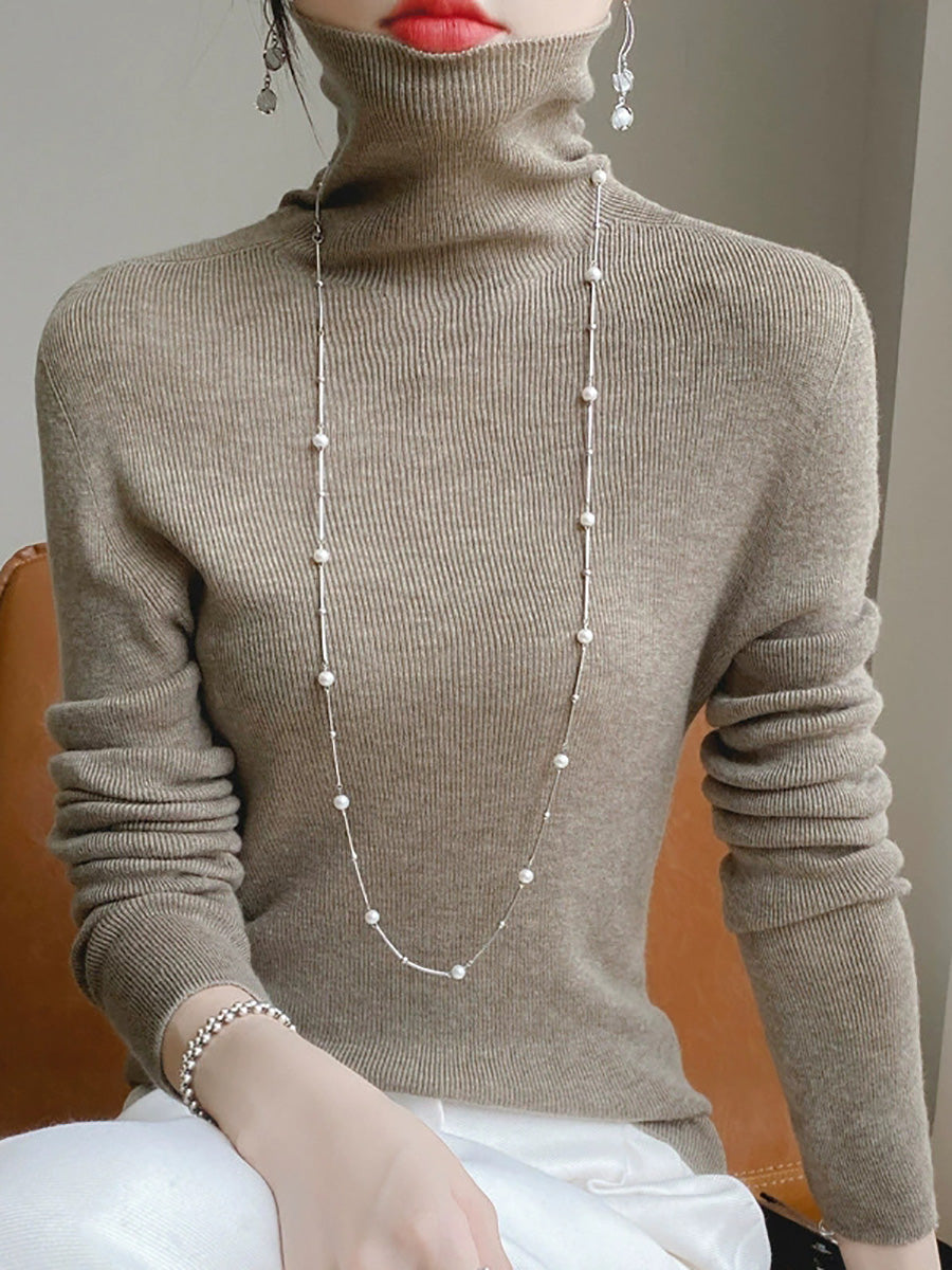 Women Autumn Casual Pure Color Knitted Turtleneck Sweater