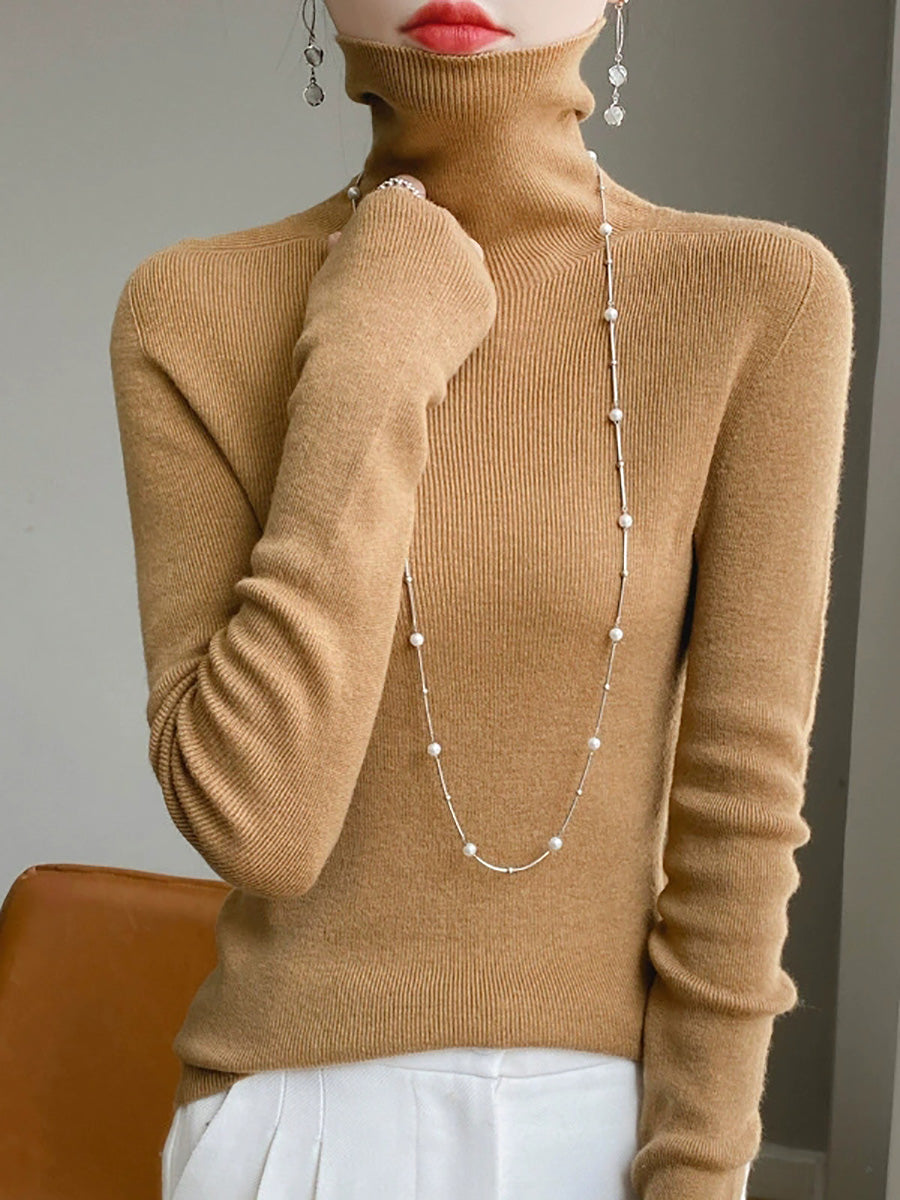 Women Autumn Casual Pure Color Knitted Turtleneck Sweater