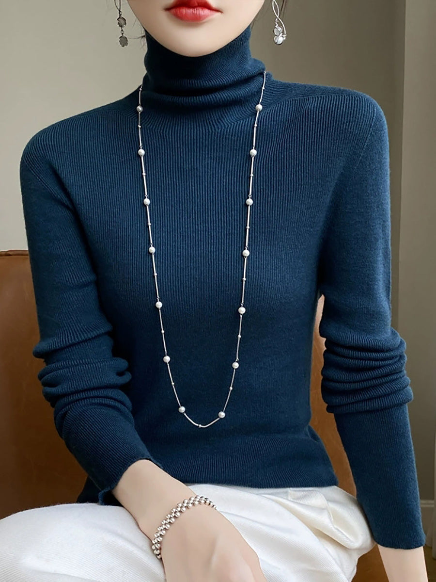 Women Autumn Casual Pure Color Knitted Turtleneck Sweater