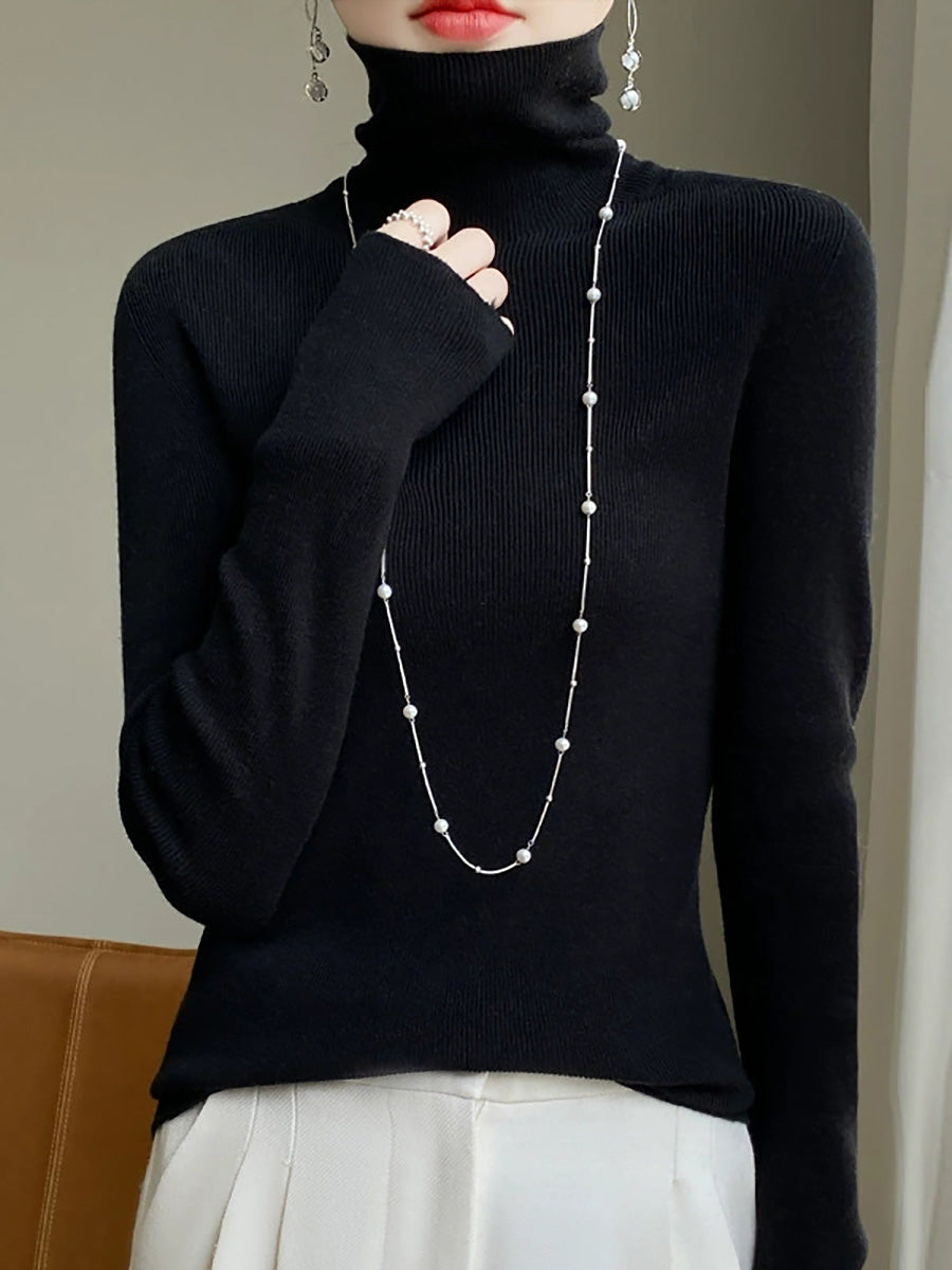 Women Autumn Casual Pure Color Knitted Turtleneck Sweater