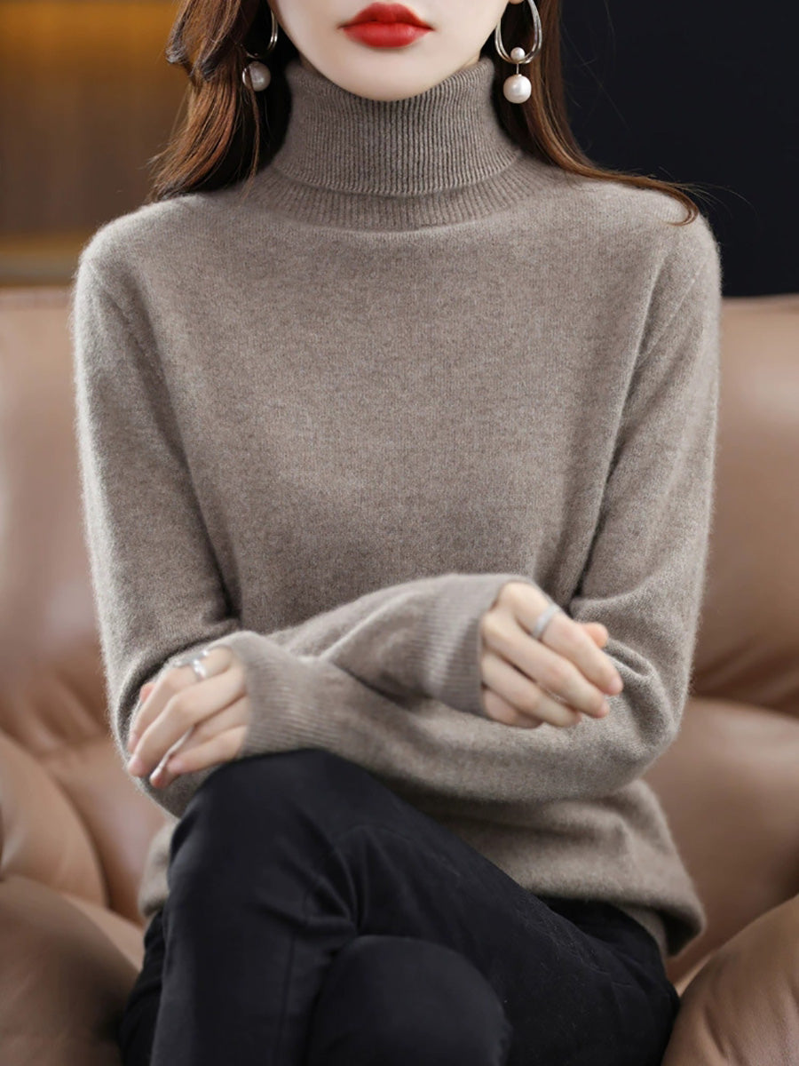 Women Autumn Casual Pure Color Knitted Turtleneck Sweater