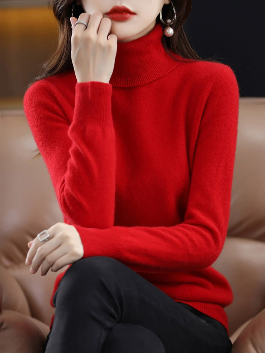 Women Autumn Casual Pure Color Knitted Turtleneck Sweater