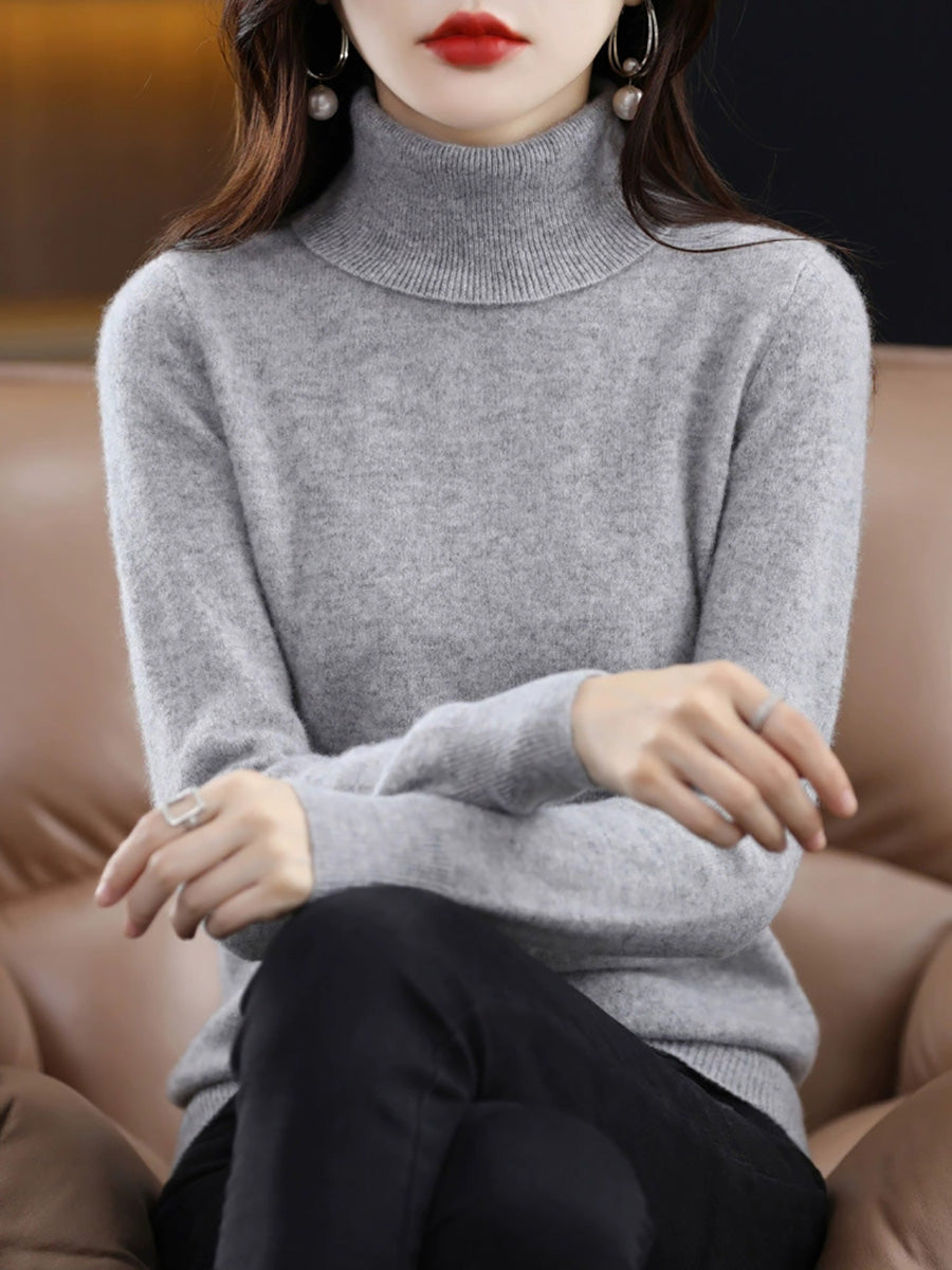 Women Autumn Casual Pure Color Knitted Turtleneck Sweater