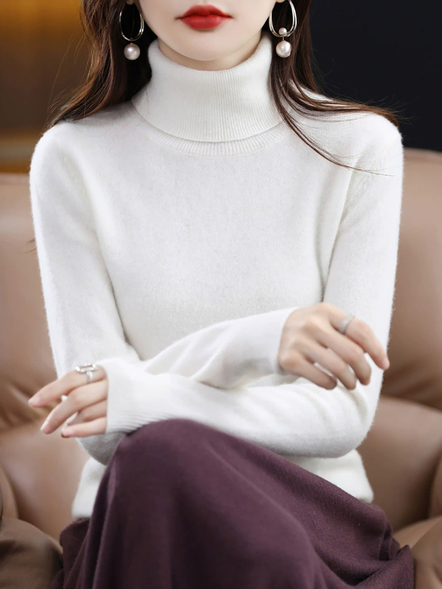 Women Autumn Casual Pure Color Knitted Turtleneck Sweater