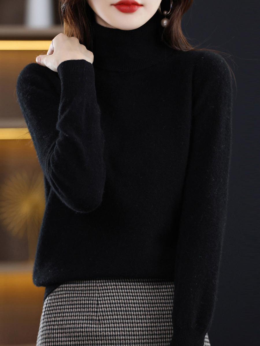 Women Autumn Casual Pure Color Knitted Turtleneck Sweater