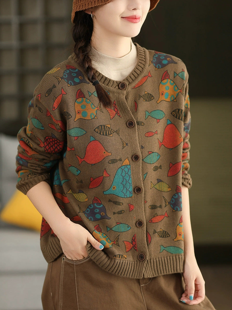 Women Autumn Artsy Cartoon Fish O-Neck Sweater