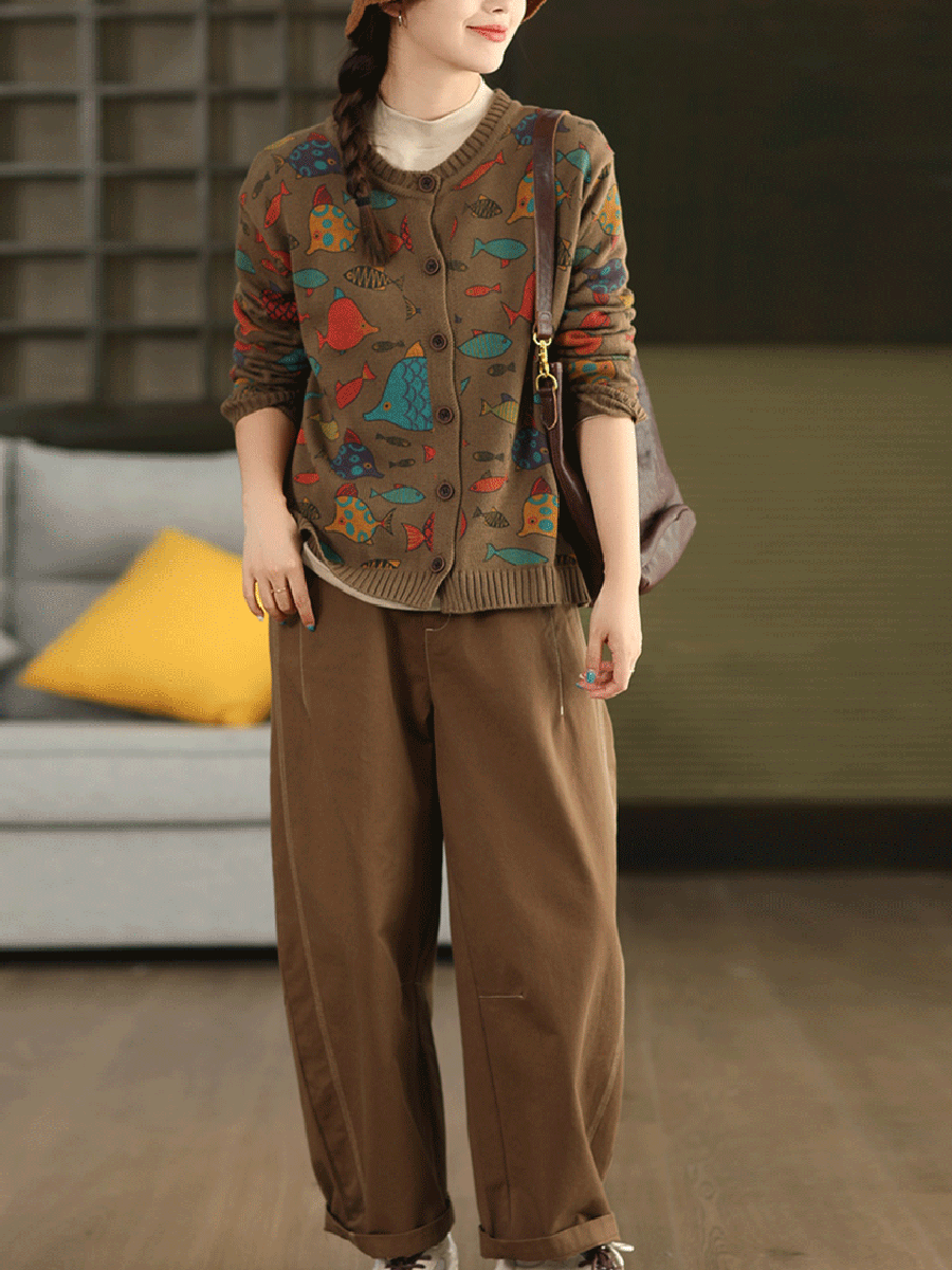 Women Autumn Artsy Cartoon Fish O-Neck Sweater