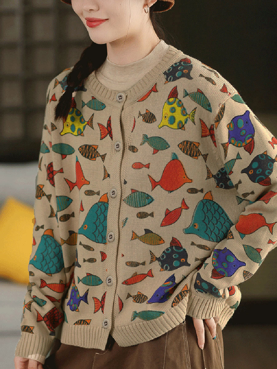 Women Autumn Artsy Cartoon Fish O-Neck Sweater