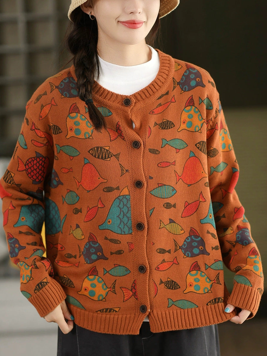 Women Autumn Artsy Cartoon Fish O-Neck Sweater