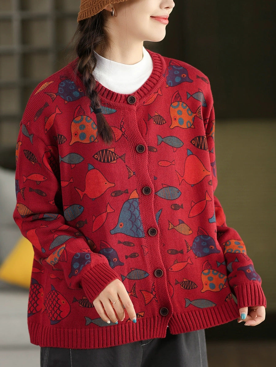 Women Autumn Artsy Cartoon Fish O-Neck Sweater
