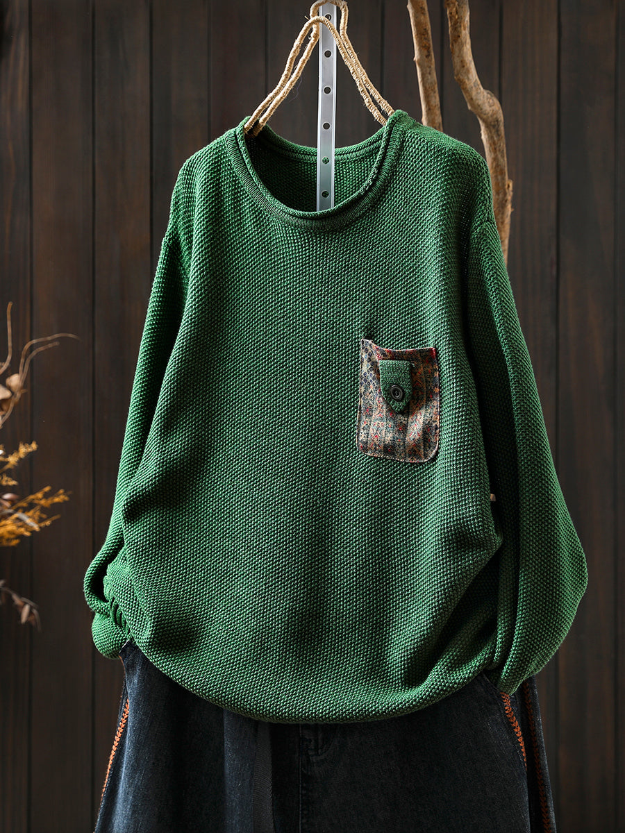 Women Autumn Artsy Patch Pocket Knitted O-Neck Sweater
