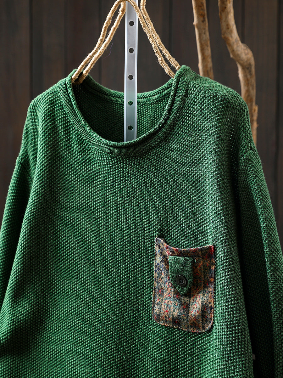 Women Autumn Artsy Patch Pocket Knitted O-Neck Sweater