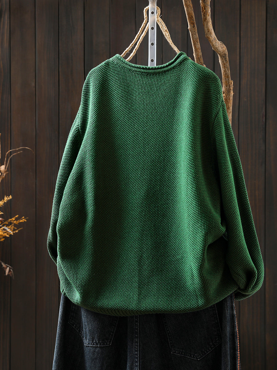 Women Autumn Artsy Patch Pocket Knitted O-Neck Sweater