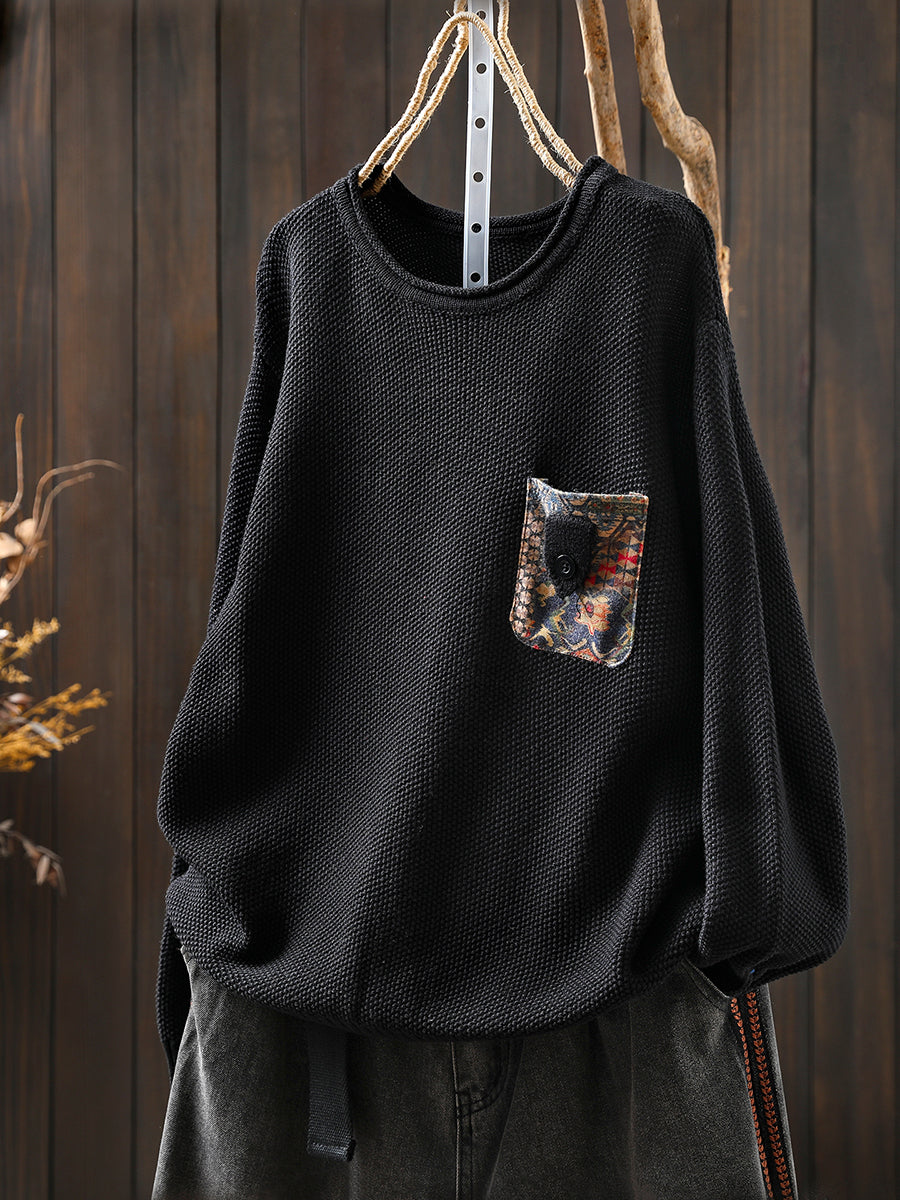 Women Autumn Artsy Patch Pocket Knitted O-Neck Sweater
