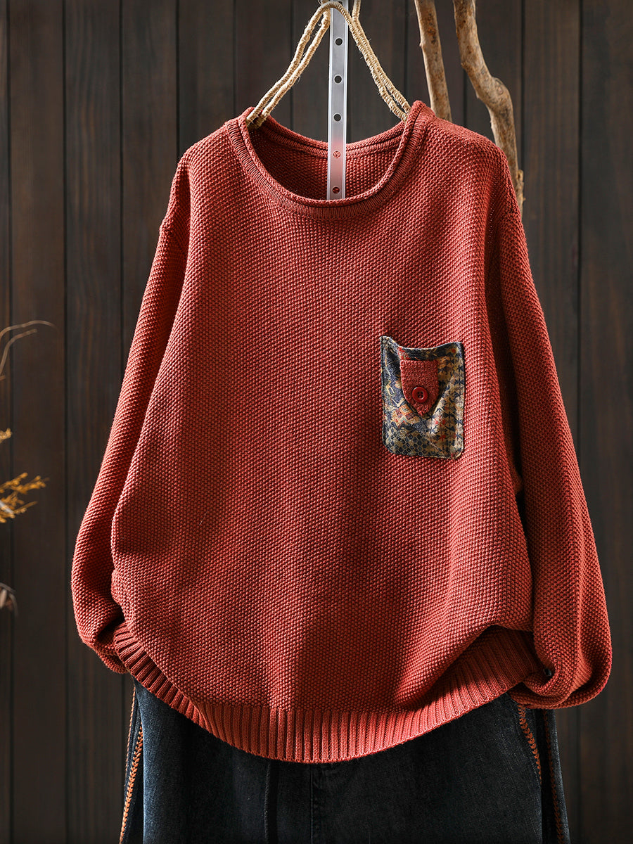 Women Autumn Artsy Patch Pocket Knitted O-Neck Sweater