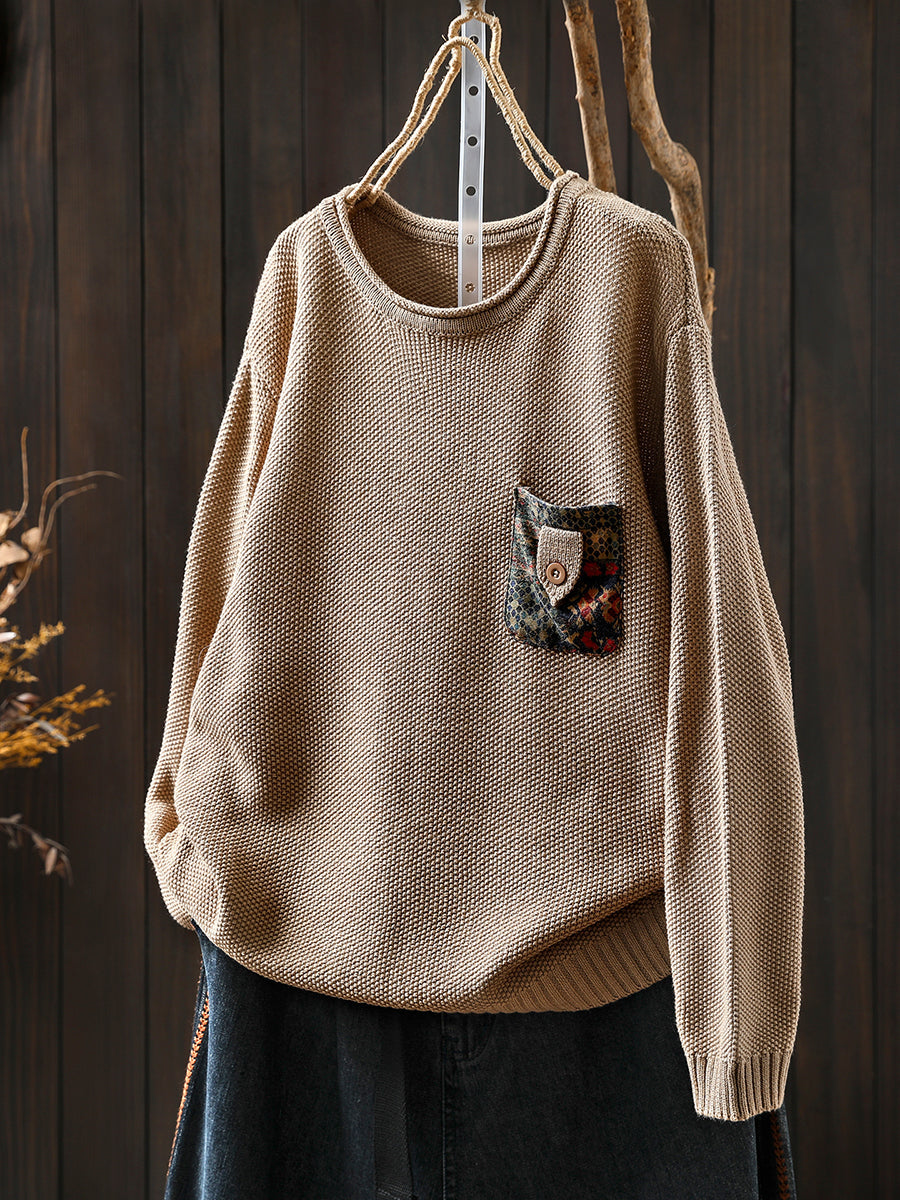 Women Autumn Artsy Patch Pocket Knitted O-Neck Sweater