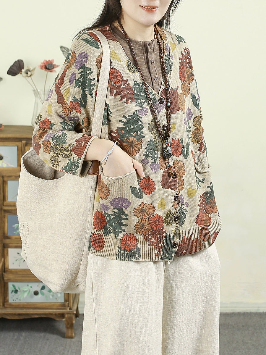 Women Autumn Artsy Flower Knitted V-Neck Sweater