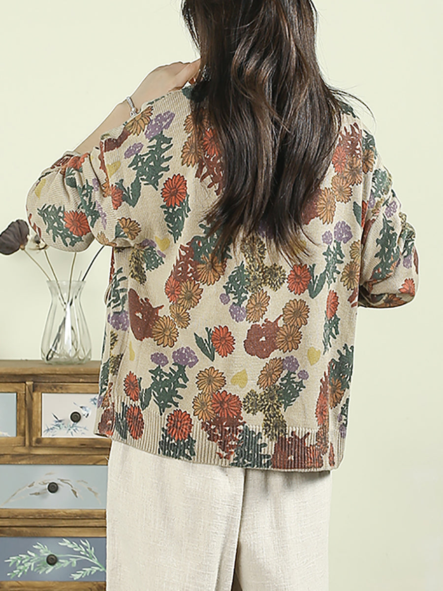 Women Autumn Artsy Flower Knitted V-Neck Sweater