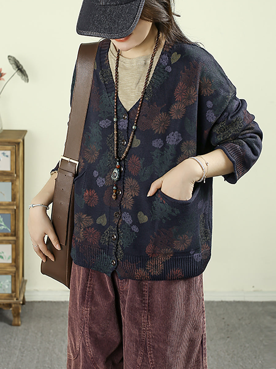 Women Autumn Artsy Flower Knitted V-Neck Sweater