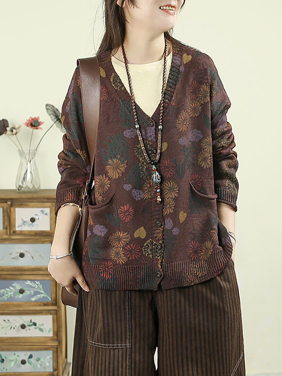 Women Autumn Artsy Flower Knitted V-Neck Sweater