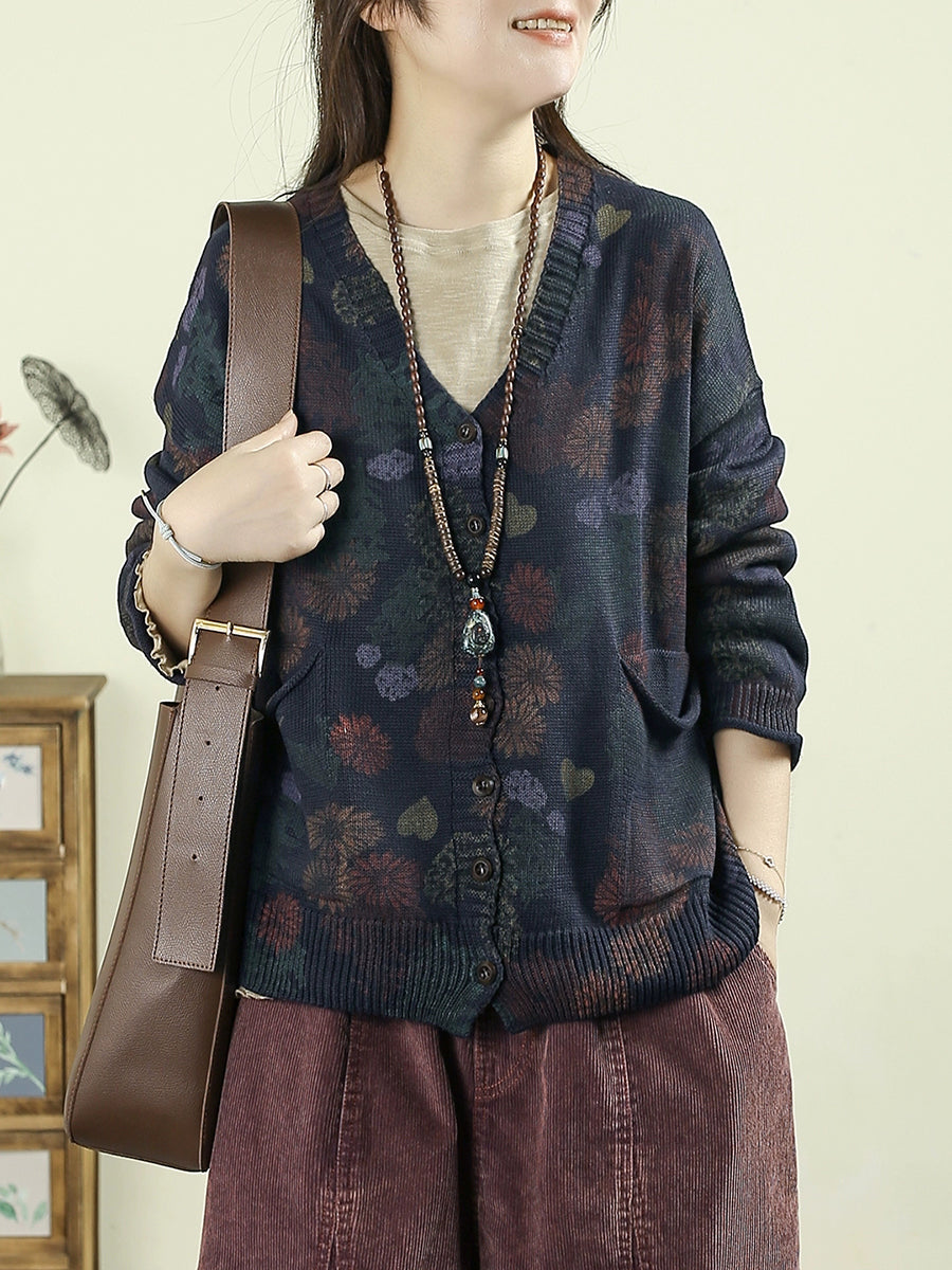 Women Autumn Artsy Flower Knitted V-Neck Sweater