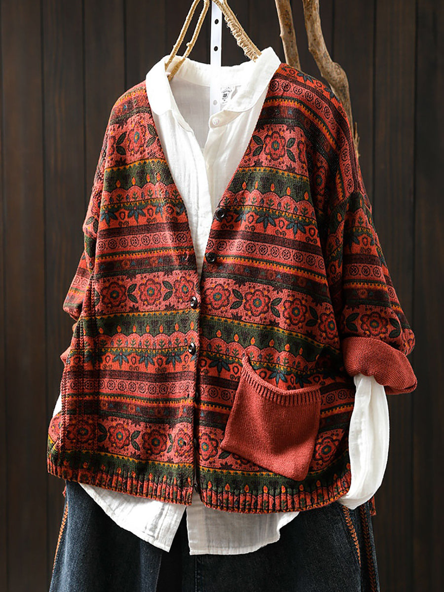 Women Autumn Retro Flower Stripe V-Neck Knitted Sweater