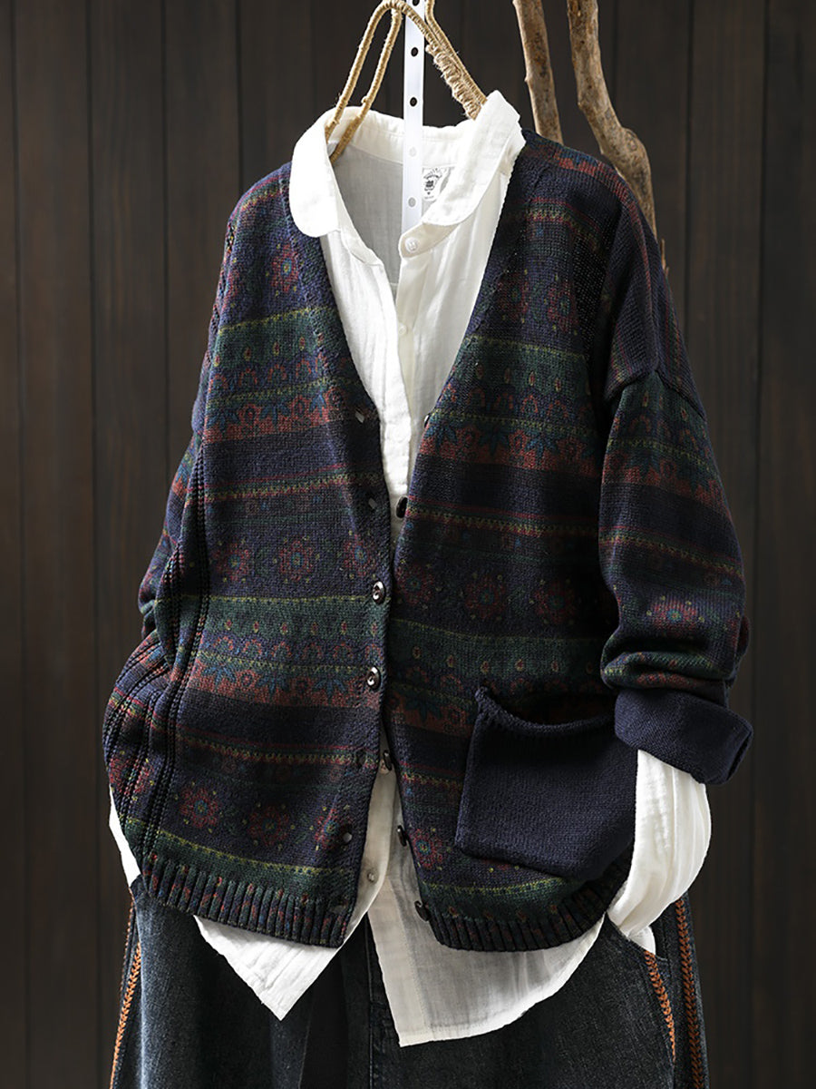 Women Autumn Retro Flower Stripe V-Neck Knitted Sweater