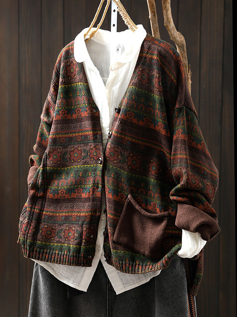 Women Autumn Retro Flower Stripe V-Neck Knitted Sweater