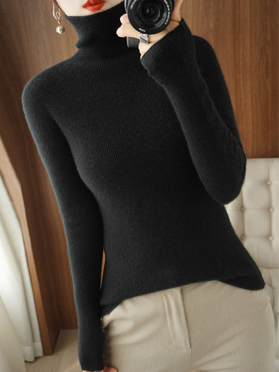 Women Autumn Casual Pure Color Knitted Turtleneck Sweater