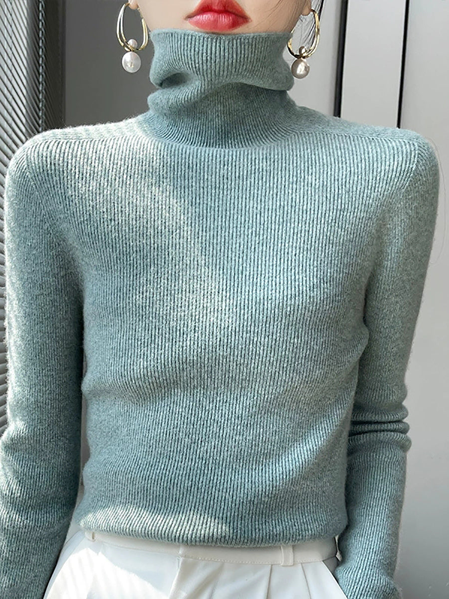 Women Autumn Casual Pure Color Knitted Turtleneck Sweater