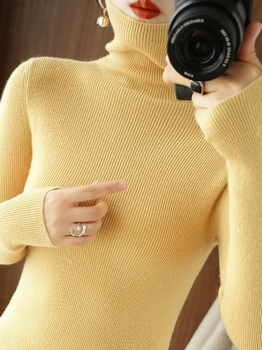 Women Autumn Casual Pure Color Knitted Turtleneck Sweater