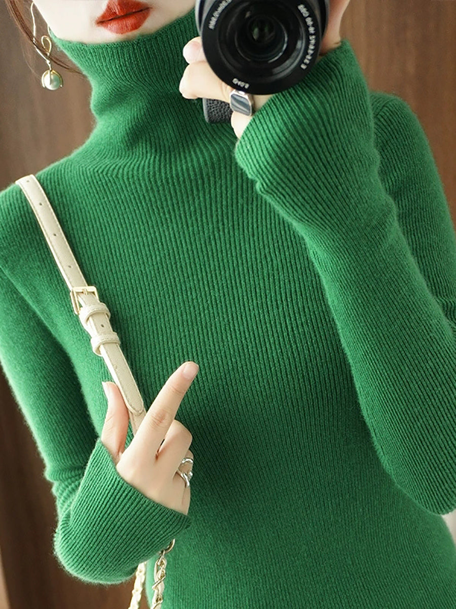 Women Autumn Casual Pure Color Knitted Turtleneck Sweater