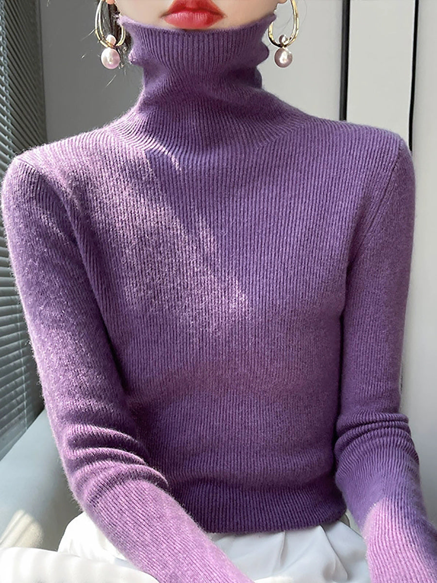 Women Autumn Casual Pure Color Knitted Turtleneck Sweater