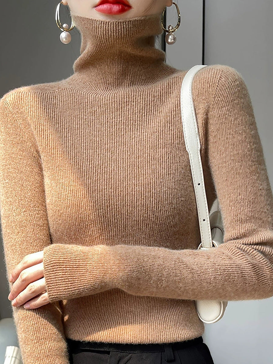 Women Autumn Casual Pure Color Knitted Turtleneck Sweater
