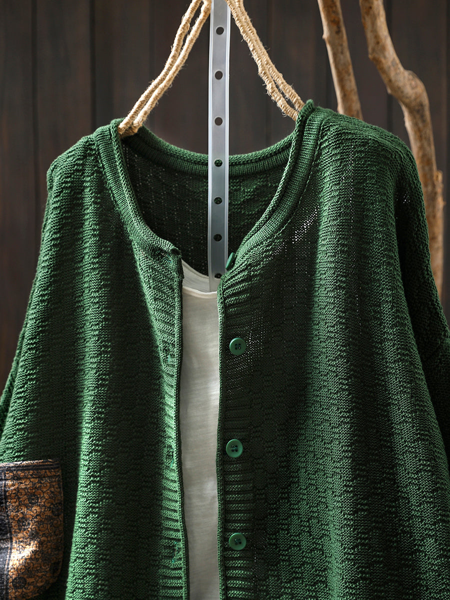 Women Autumn Retro Patch O-Neck Knitted Sweater