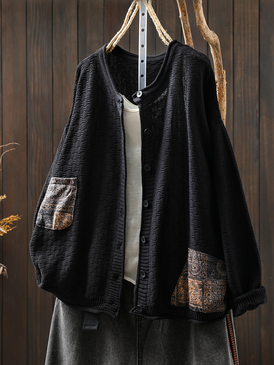 Women Autumn Retro Patch O-Neck Knitted Sweater